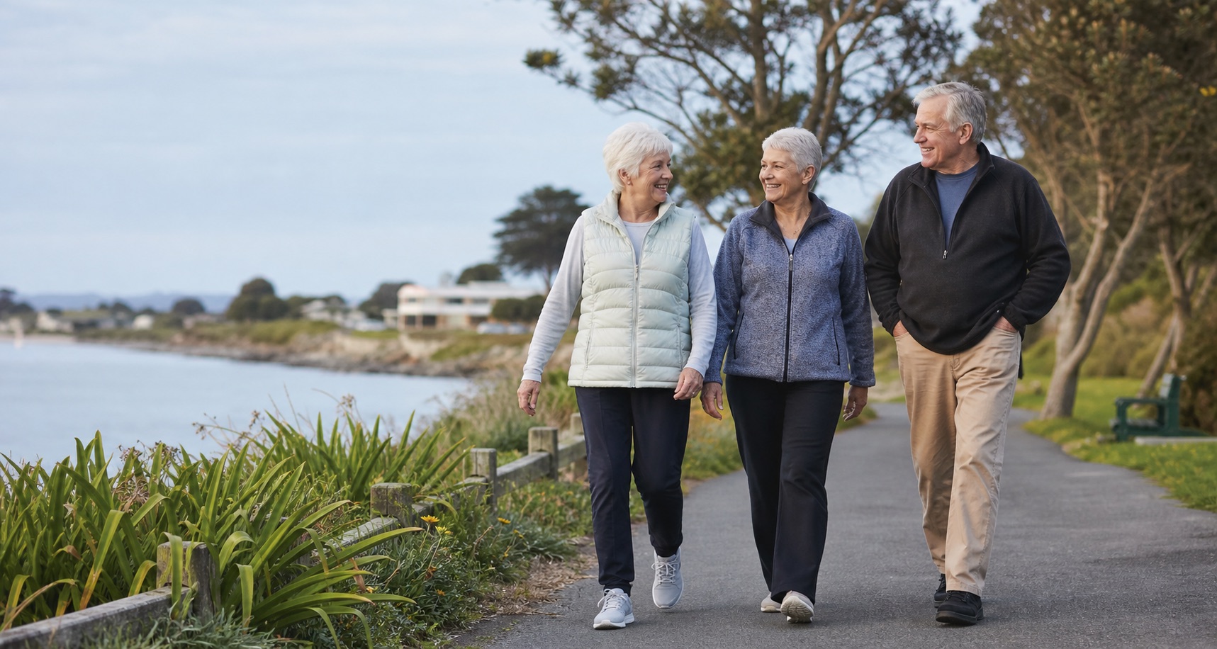 Older adults walking together on a coastal path